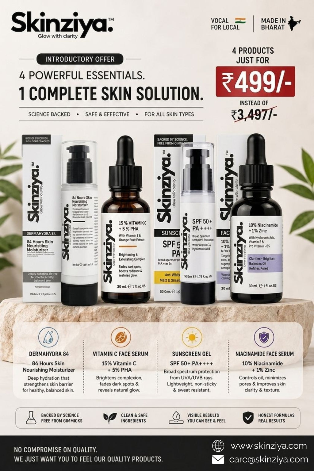 Skinziya Complete Skincare Combo Kit Vitamin C Serum, Niacinamide Serum, SPF 50+ Sunscreen & Moisturiser | 4 Products for ₹499