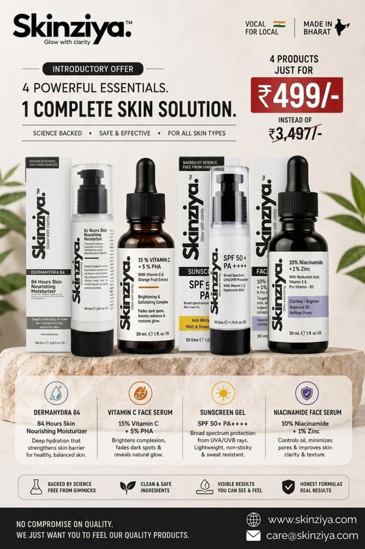 Skinziya Complete Skincare Combo Kit Vitamin C Serum, Niacinamide Serum, SPF 50+ Sunscreen & Moisturiser | 4 Products for ₹499