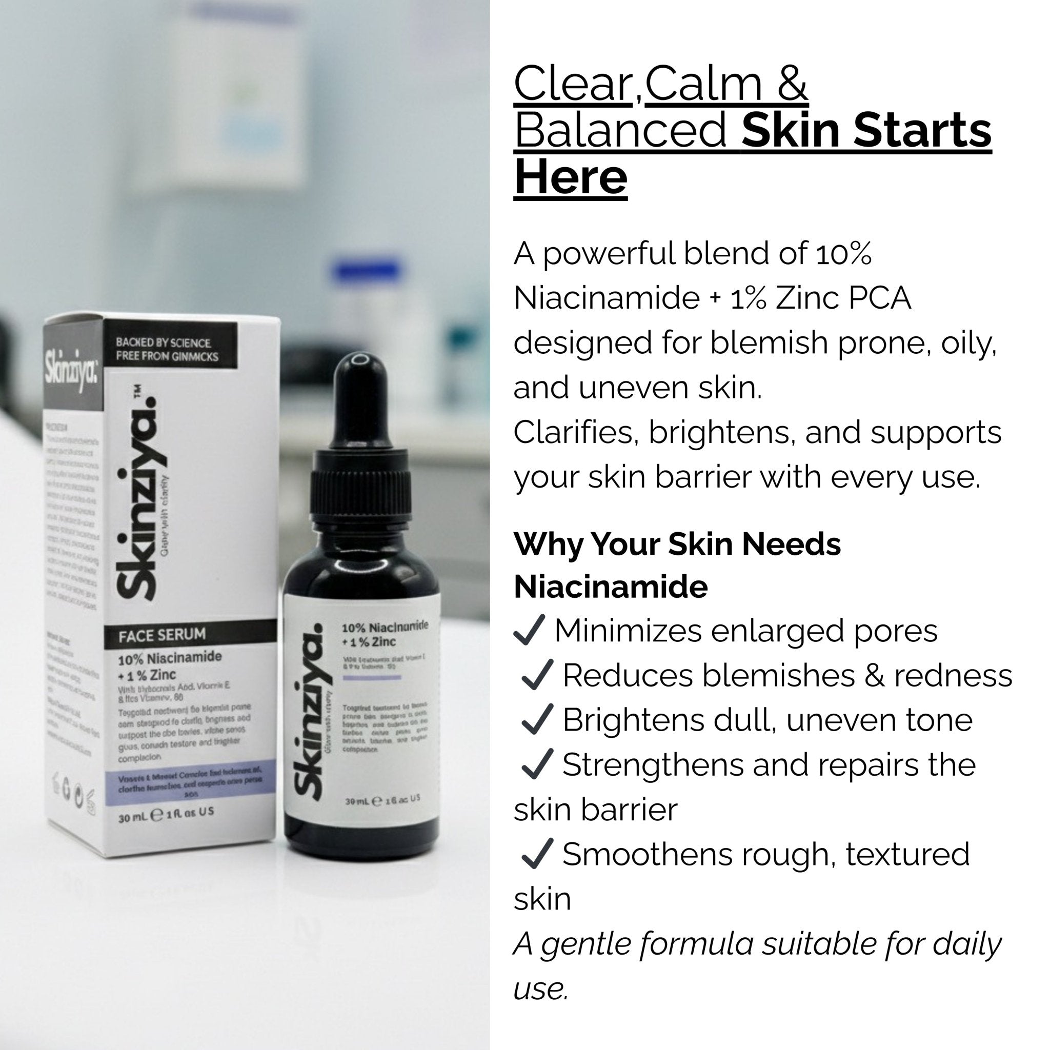Skinziya 10% Niacinamide + 1% Zinc Serum – Oil Control & Pore Refining - Skinziya