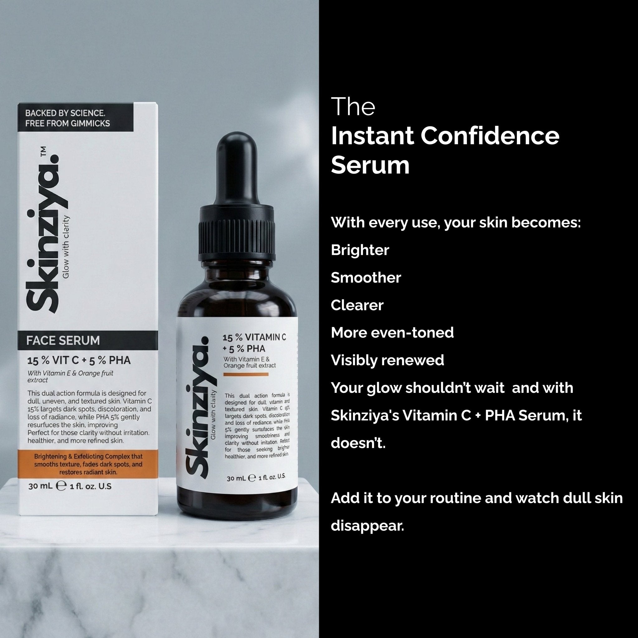 Skinziya 15% Vitamin C + 5% PHA Face Serum – Brightening & Glow Booster - Skinziya