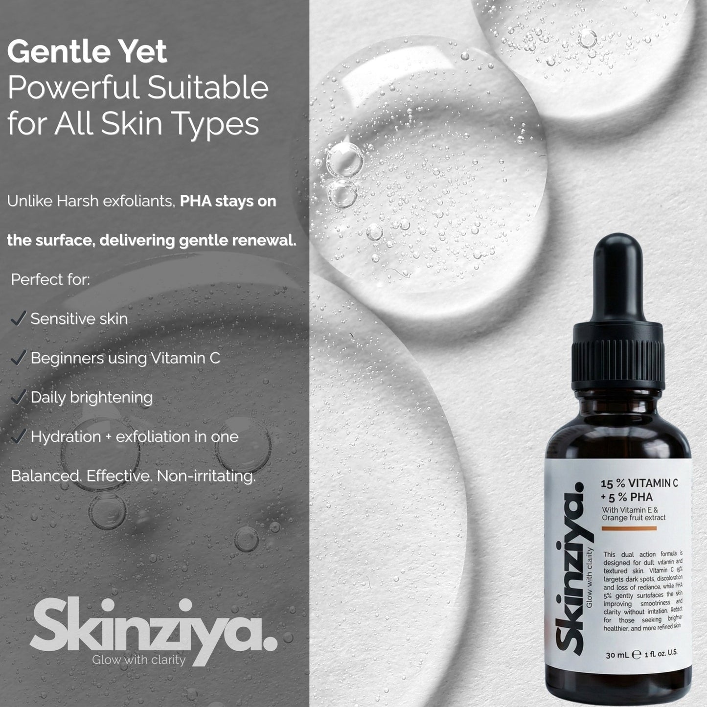Skinziya 15% Vitamin C + 5% PHA Face Serum – Brightening & Glow Booster - Skinziya