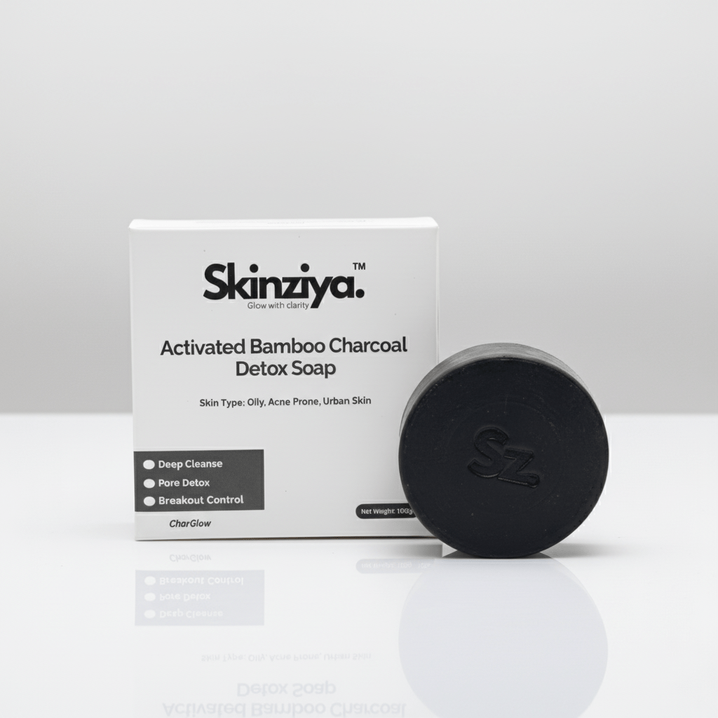 Skinziya Charglow Activated Bamboo Charcoal Soap Deep Detox, Pore Purifying & Oil Control Cleansing Bar with Vitamin E | For Face & Body | Men & Women - Skinziya