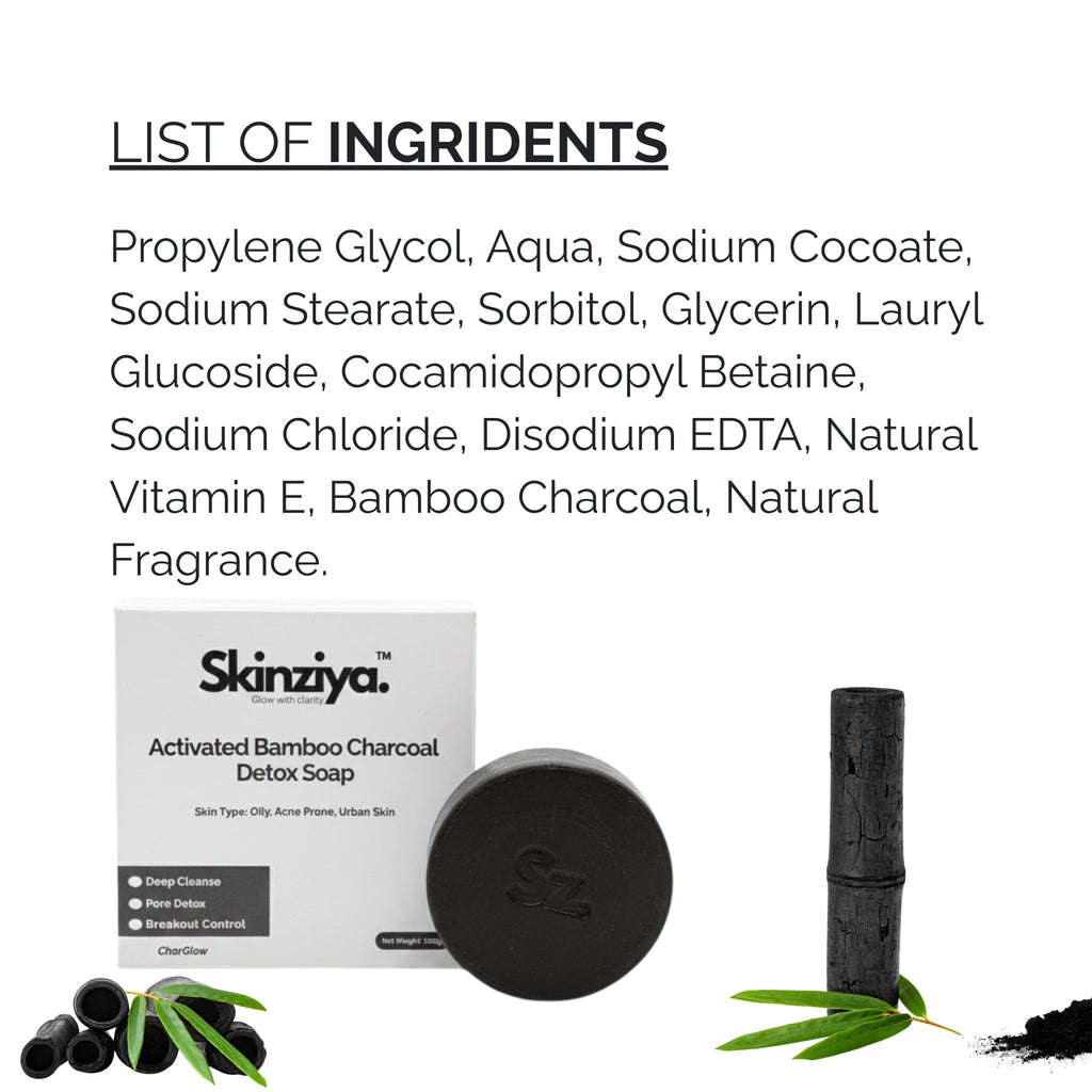 Skinziya Charglow Activated Bamboo Charcoal Soap Deep Detox, Pore Purifying & Oil Control Cleansing Bar with Vitamin E | For Face & Body | Men & Women - Skinziya
