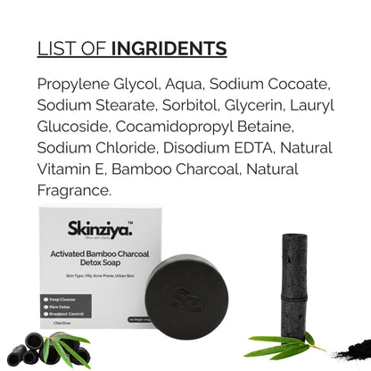 Skinziya Charglow Activated Bamboo Charcoal Soap Deep Detox, Pore Purifying & Oil Control Cleansing Bar with Vitamin E | For Face & Body | Men & Women - Skinziya