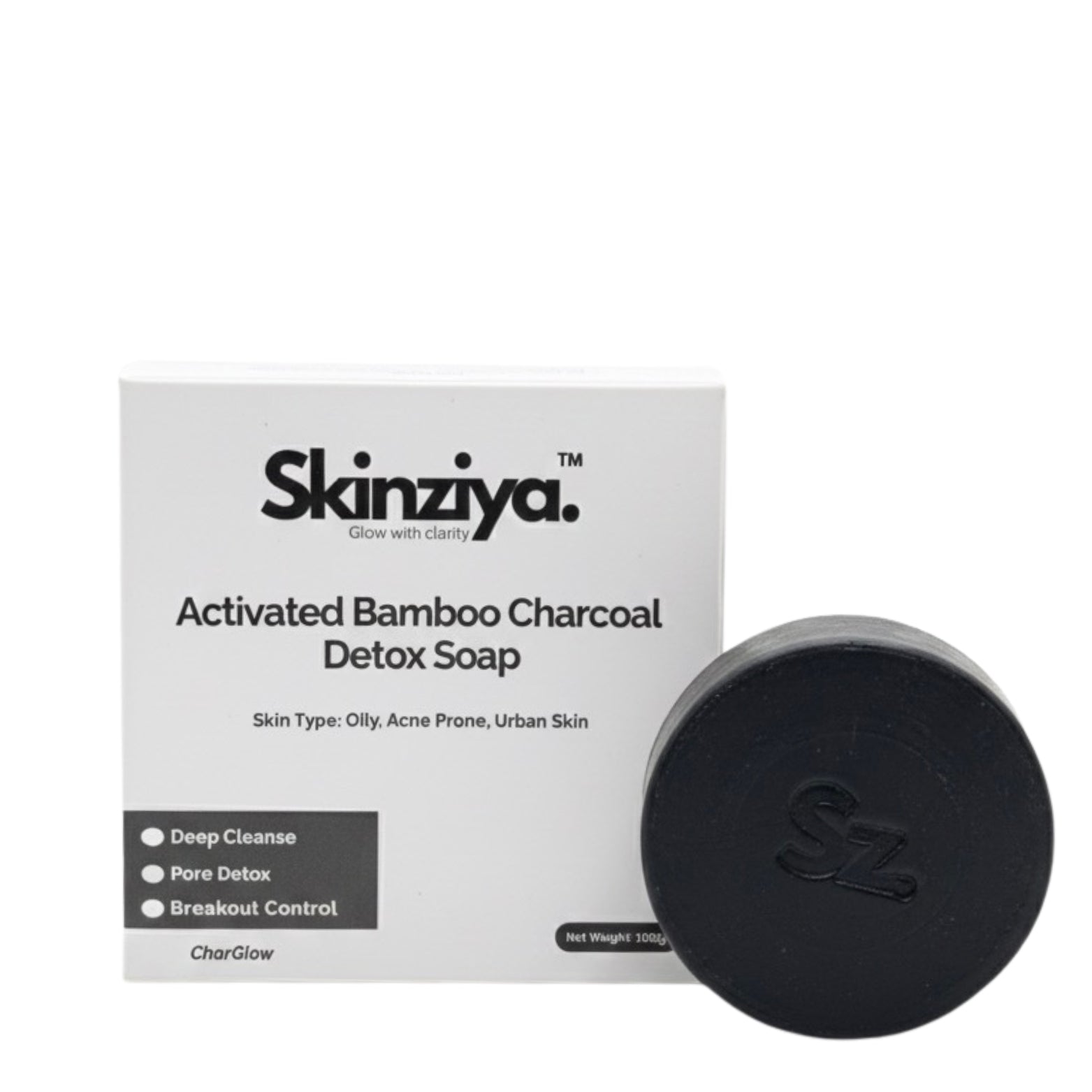 Skinziya Charglow Activated Bamboo Charcoal Soap Deep Detox, Pore Purifying & Oil Control Cleansing Bar with Vitamin E | For Face & Body | Men & Women - Skinziya
