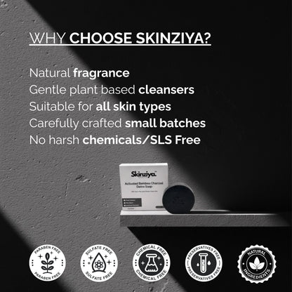 Skinziya Charglow Activated Bamboo Charcoal Soap Deep Detox, Pore Purifying & Oil Control Cleansing Bar with Vitamin E | For Face & Body | Men & Women - Skinziya